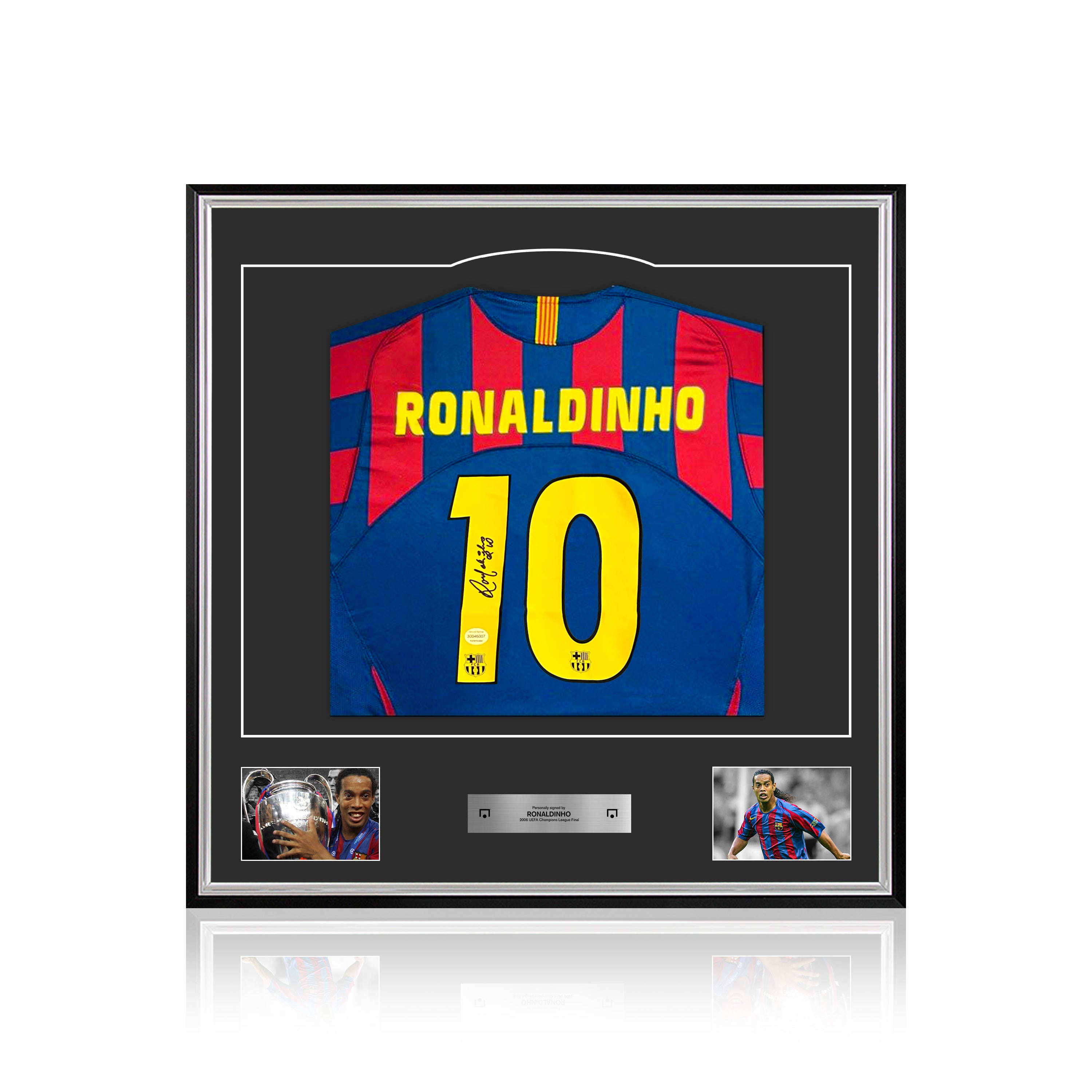 Ronaldinho UEFA Champions League Finale 2006 MATCH ISSUE gesigneerd en ingelijst Barcelona home shirt